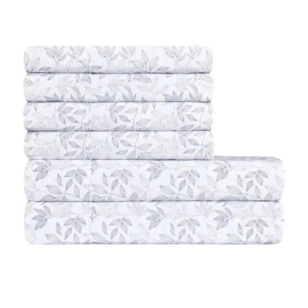 South Point Home Fashions Microfiber 6 Piece Sheet Set KING *Grey Leaf,  New